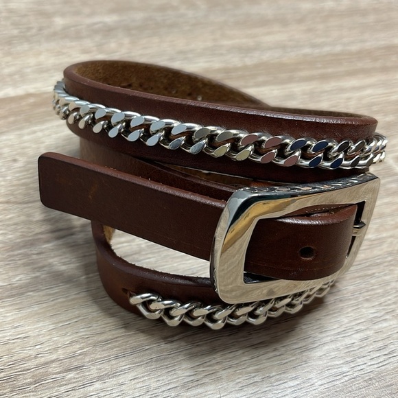 VINTAGE Garaglias Italian Belt Cognac Brown Genuine Leather Silver Tone Chain 30 - Picture 4 of 12
